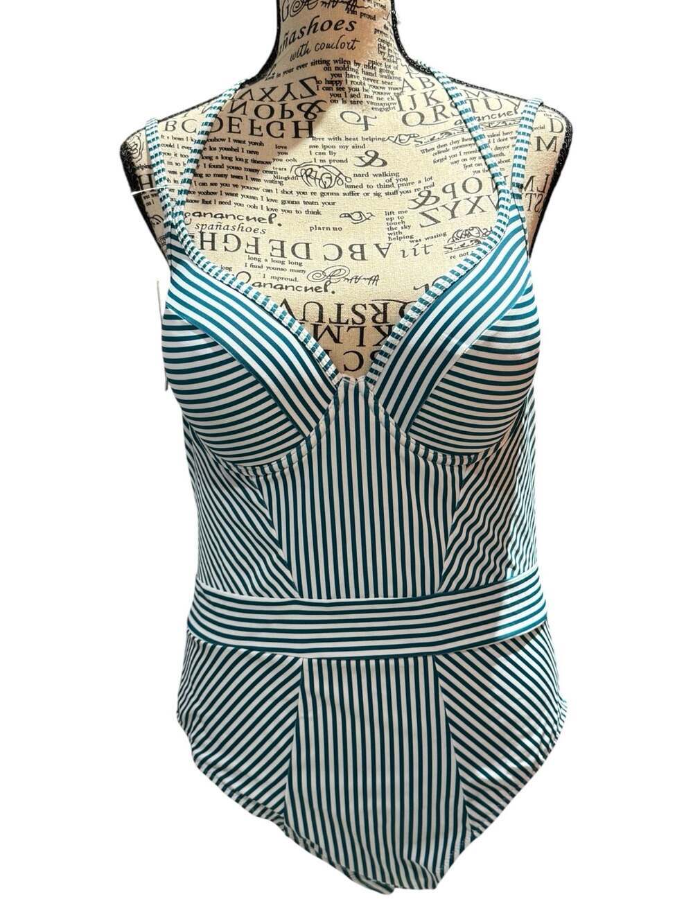 NWT Cupshe Teal White Striped One Piece Swimsuit Size XL
